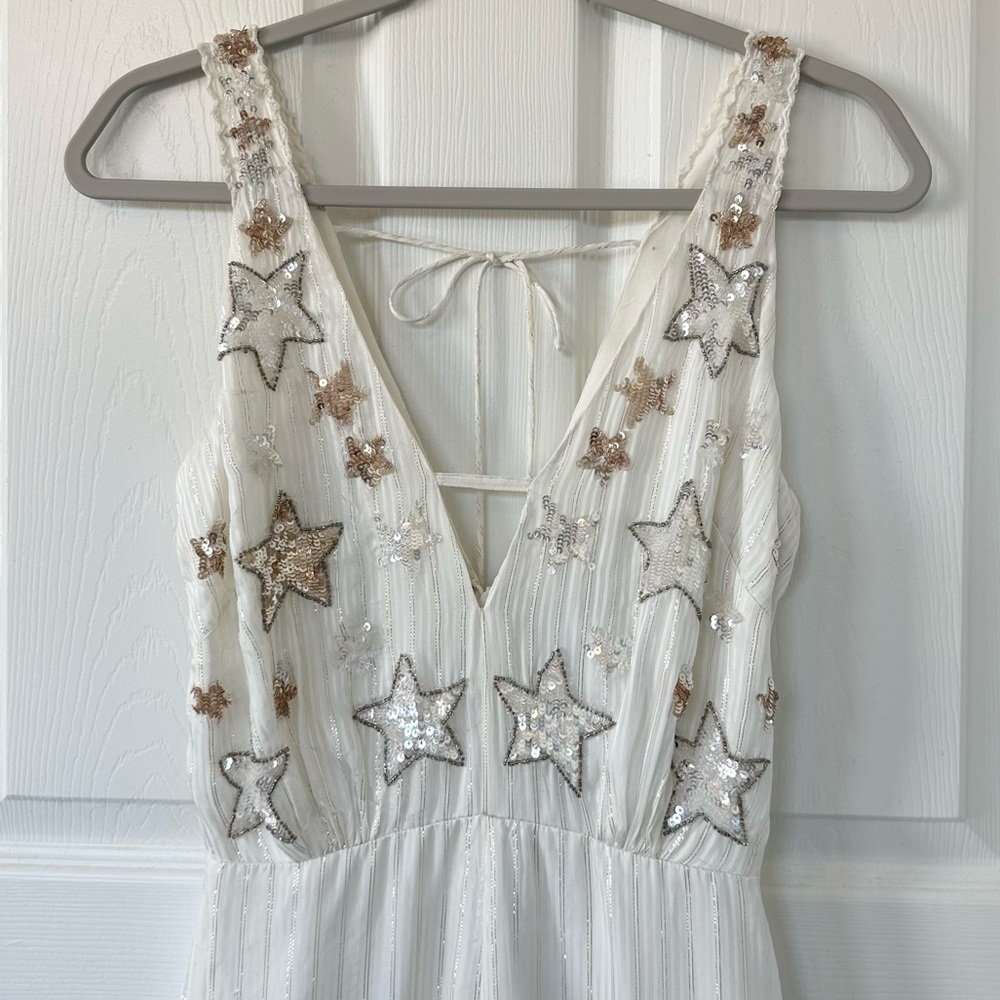 Adelyn Rae Cream Jumpsuit with Gold & Silver Sequin Embroidered Stars NWT